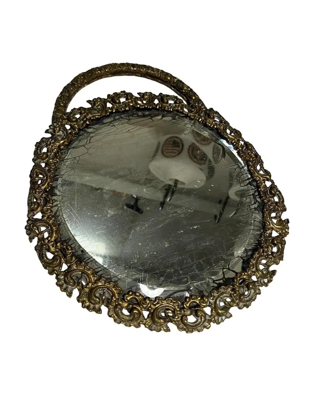 Vintage Brass Vanity Mirror Tray Round Ornate Handle